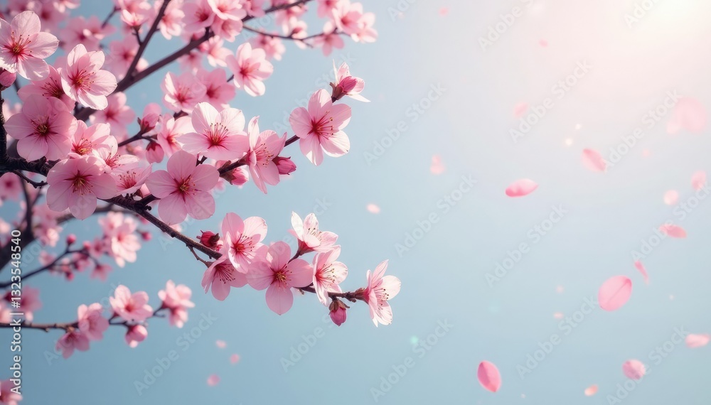 Ancient sakura tree branches with scattered pink petals against a soft grayish blue sky, floral, nature Ancient sakura tree branches with scattered pink petals against a soft grayish blue sky, floral, nature