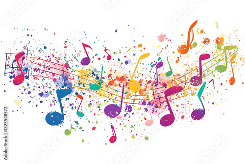 Colorful musical notes and paint splatters on a black background, representing music and creativity.