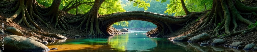 Fototapeta premium Ancient tree roots forming a natural bridge over a river, waterway, river entrance