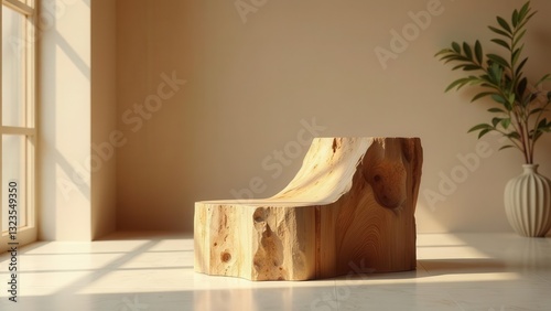 Rustic Wooden Sculpture in a Minimalist Interior Setting Bathed in Warm Sunlight
