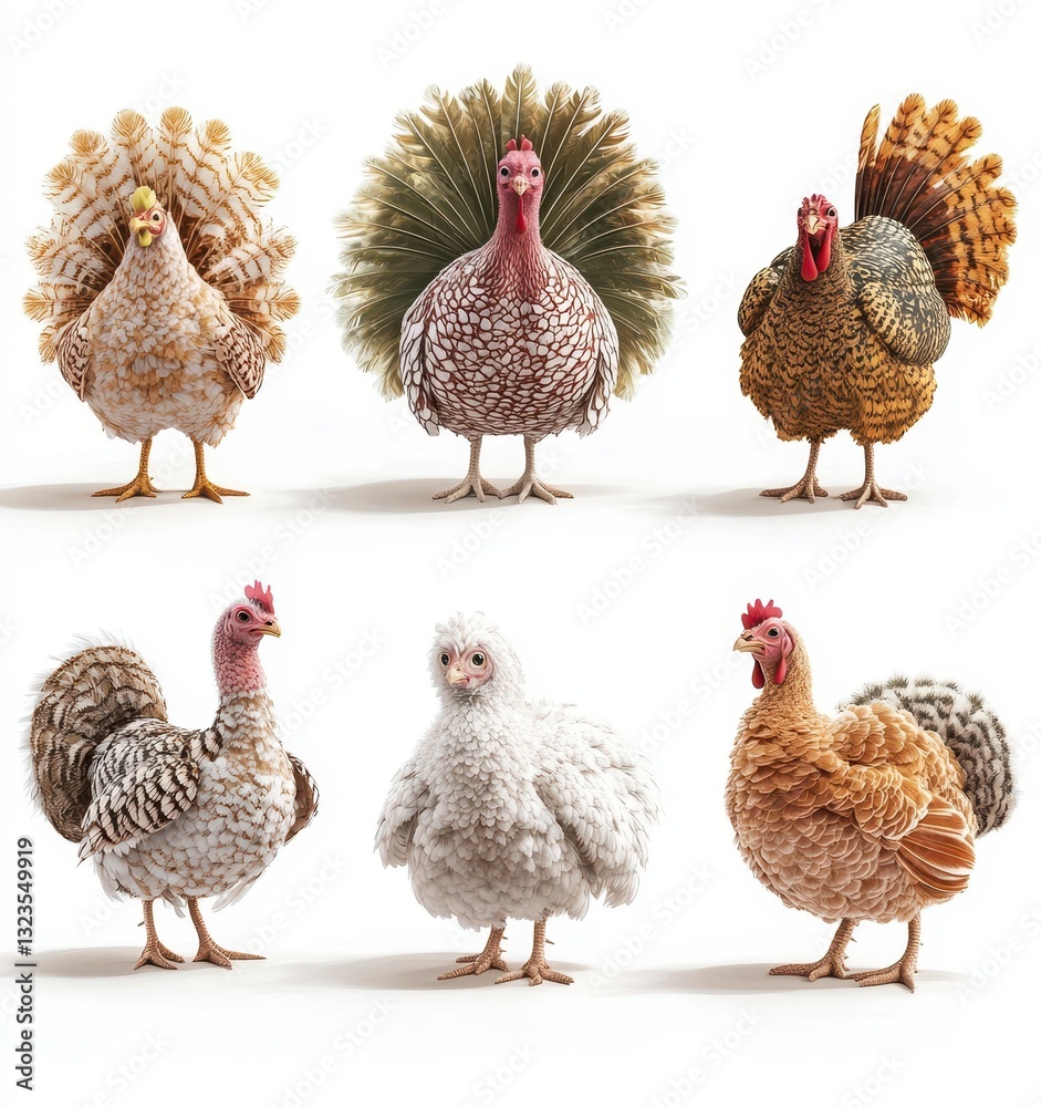 Fototapeta premium Pixel Art Poultry Six Colorful Chickens and Turkeys on White