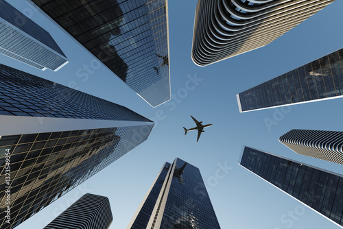 Jet flying in a blue sky  above tall skyscarpers in a city