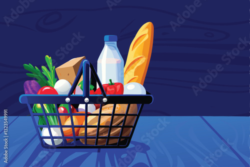 Overflowing shopping basket background; vibrant produce, fruits, vegetables spilling over.  Detailed, realistic depiction.