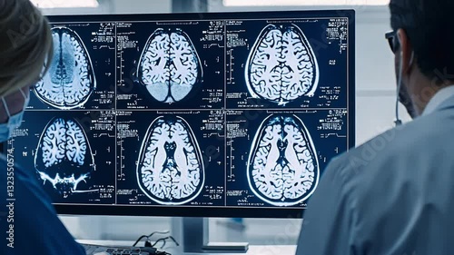 Doctors analyzing Brain Scans: Capturing the intensity and focus as medical professionals scrutinize brain scans. This image showcases a close-up perspective of a doctor's examination.