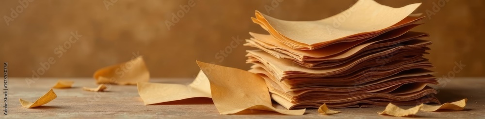 Pile of crumpled brown papers in a messy stack, aged, disheveled Pile of crumpled brown papers in a messy stack, aged, disheveled