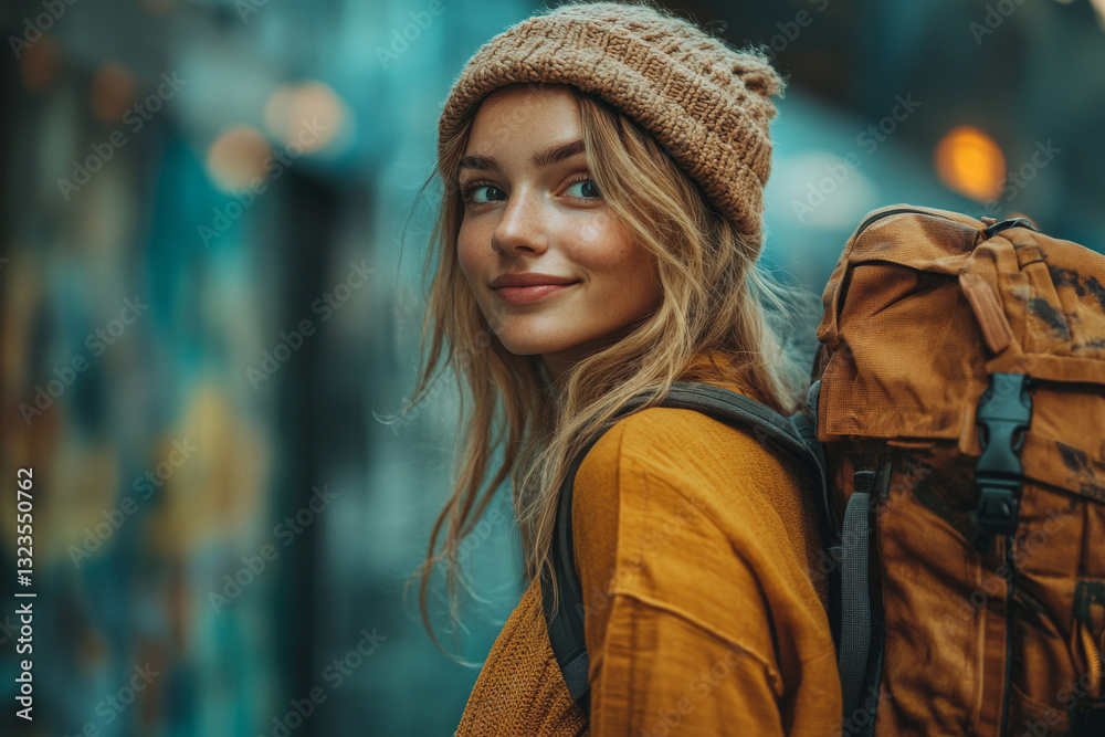 Obraz premium Adventurous woman with backpack in urban setting