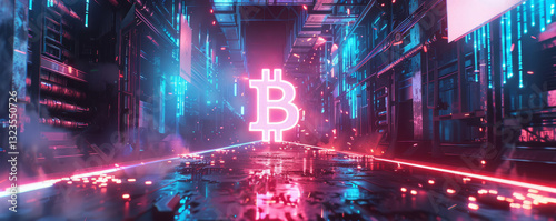 A glowing hologram bitcoin symbol at the center, surrounded by neon lights of futuristic city.