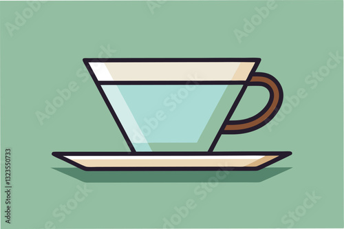 Illustration of a decorative coffee cup on a saucer in a minimalist style with a neutral background showcasing a modern design