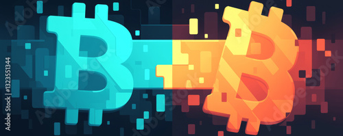 Blue and orange bitcoin symbols