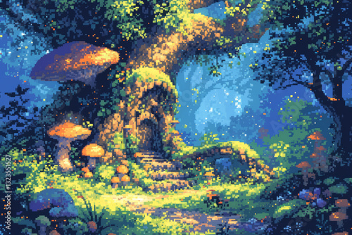 A pixelated hut in a fantasy mushroom forest