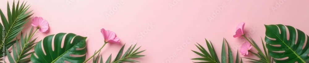 Obraz premium Monstera leaf border on pastel pink background, tropical design element, flat lay photography, design, photography