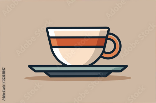 Illustration of a decorative coffee cup on a saucer in a minimalist style with a neutral background showcasing a modern design