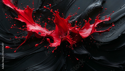 Bold crimson ink splashes blending into deep black with fluid brush strokes and a moody texture