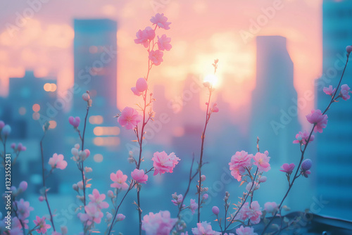 a bunch of eggs sitting on a ledge with a city in the background at sunset or dawn with pink flowers