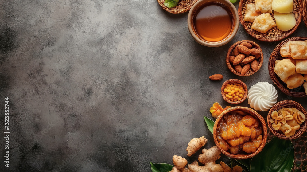 Traditional Herbal and Ginger Snack Arrangement on Rustic Background