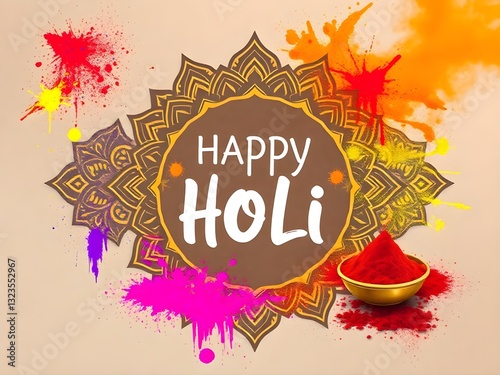 Beautiful Holi Greeting Card with Mandalas and Colorful Powder