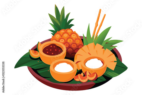 Vibrant tropical food plating featuring bright colors, exotic fruits, and palm leaves; close-up shot emphasizing texture and detail.