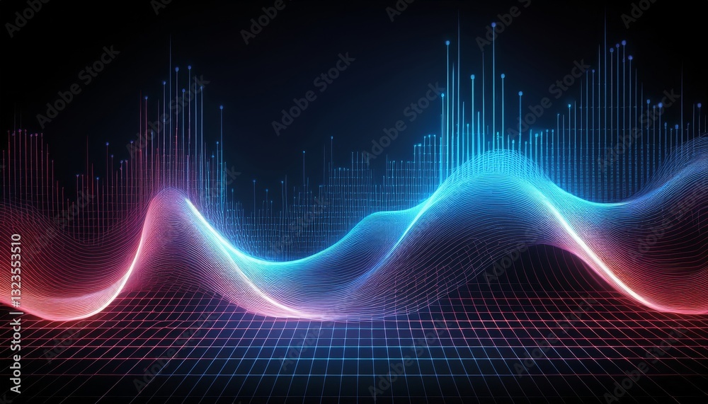 Naklejka premium fluctuating vibrant glowing digital waveforms on a black grid background