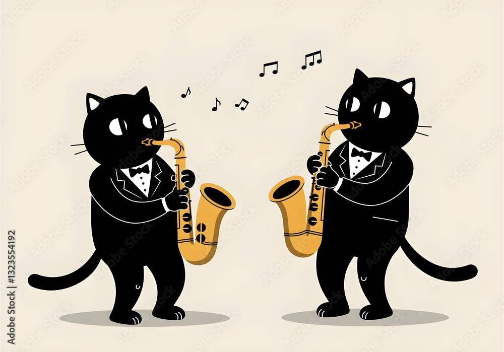 Minimalist black cartoon cats playing saxophones in vintage style