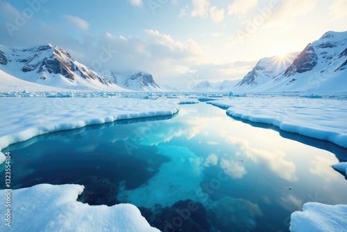 Frozen ice shelf with reflective meltwater pool, frozen, shelf, scenery