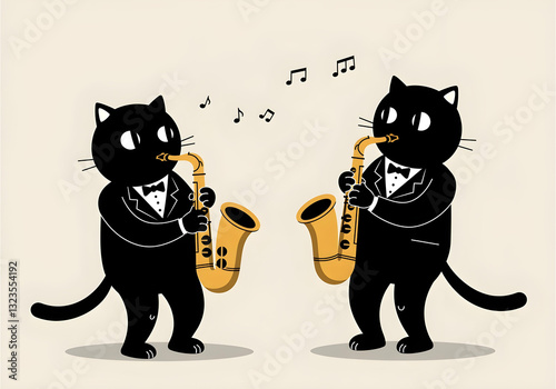 Obraz na płótnie Minimalist black cartoon cats playing saxophones in vintage style w salonie