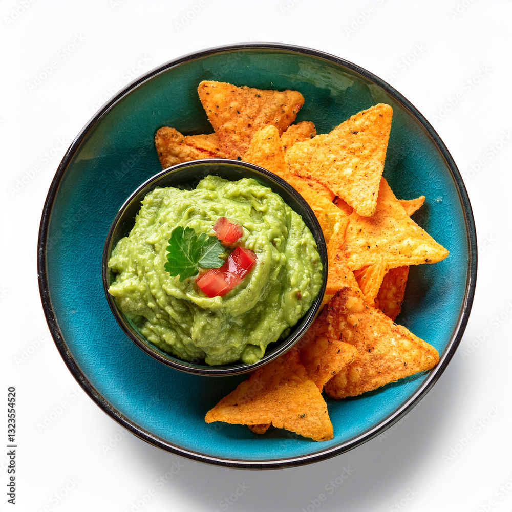 guacamole with nachos corn chips isolated on a white background guacamole with nachos corn chips isolated on a white background