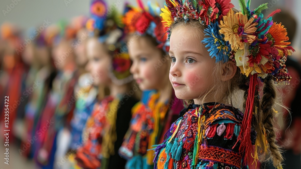 Group of Young Girls Wearing Colorful Headresses Smiling Together in Joy