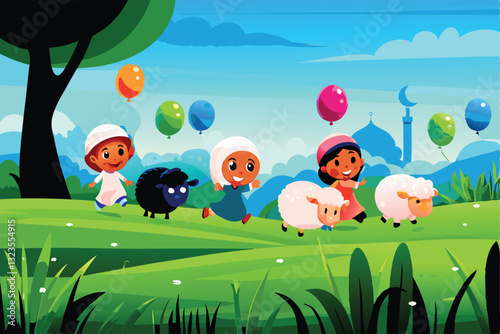 Joyful children playfully interact with fluffy sheep and colorful balloons inside a historic brig.  A whimsical scene of childhood fun.