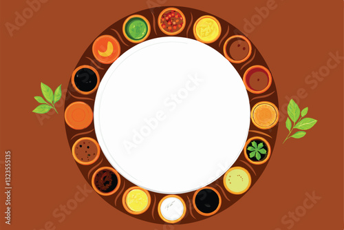 Illustrate a vibrant circular flow diagram showcasing the interconnectedness of various herbs, spices, and sauces in culinary applications.  Focus on visual appeal and clarity.