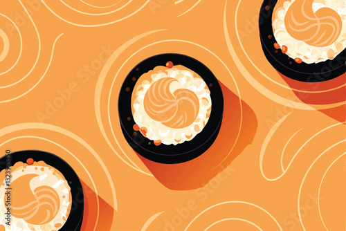 Generate vibrant circular patterns mimicking the artful arrangement of sushi on a plate, emphasizing concentric circles and contrasting colors.