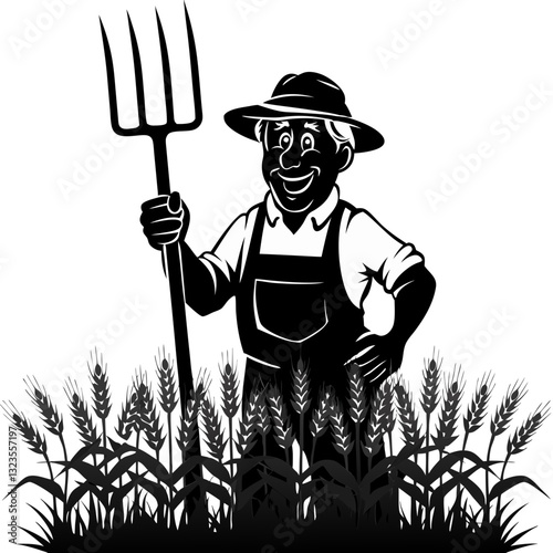 Farmer Holding Pitchfork in Wheat Field Vector Illustration for Agriculture Themes