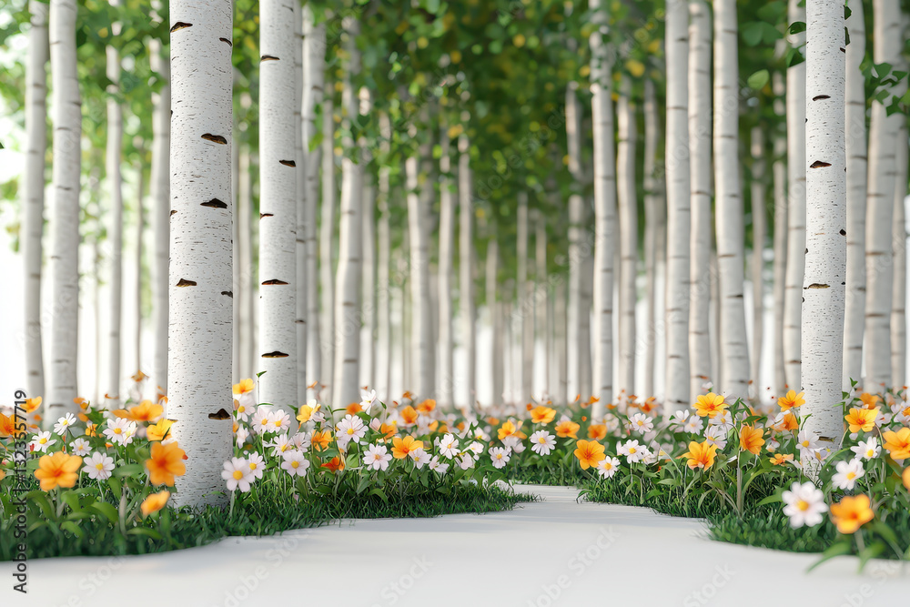 Fototapeta premium serene forest glade with birch trees and vibrant flowers in sunlight