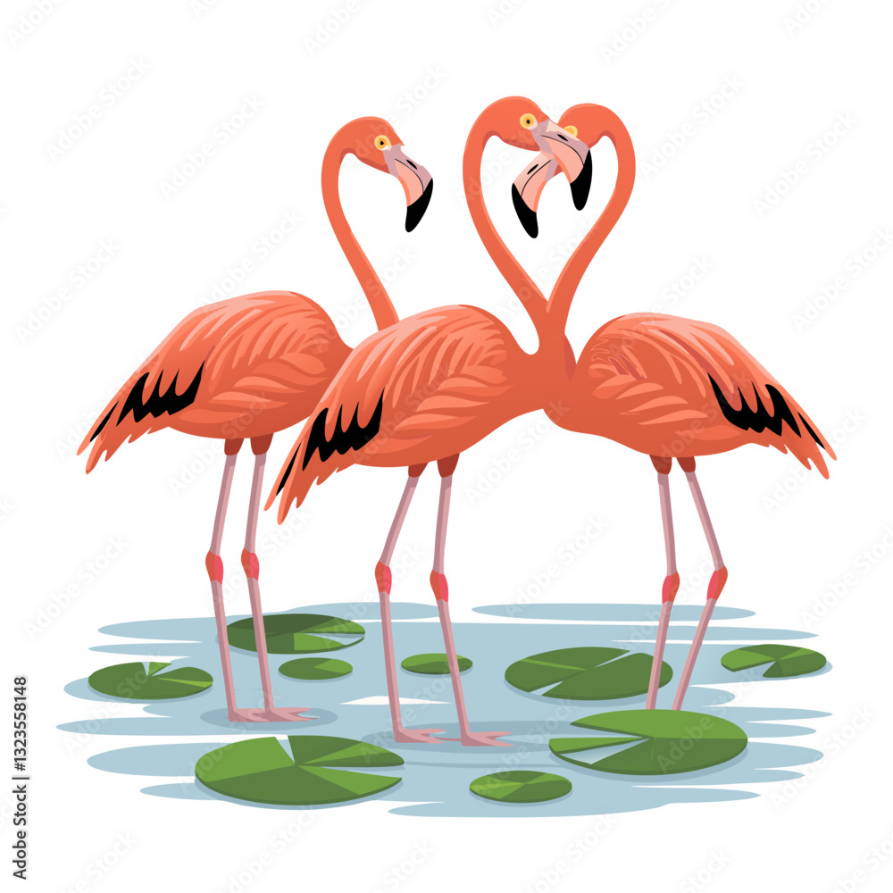 Fototapeta premium Pink Flamingos Forming Heart Shape in Lily Pad Pond Vector Art