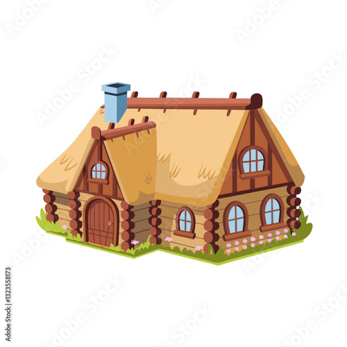 Charming Cartoon Fairy Tale Cottage with Thatched Roof and Wooden Log Walls