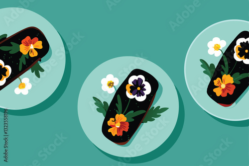 Exquisite, miniature floral food garnishes meticulously arranged; edible flower petals, herbs, and fruit create delicate designs for elegant plating.