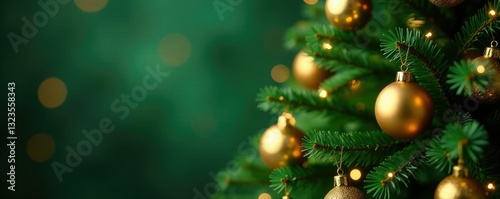 luxurious christmas tree decorated with gold ornaments in a green bokeh background, luxury, greenery