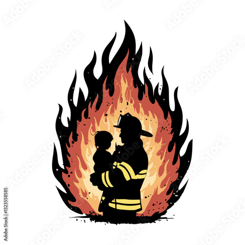 Firefighter Hero Silhouette Rescuing Child Illustration