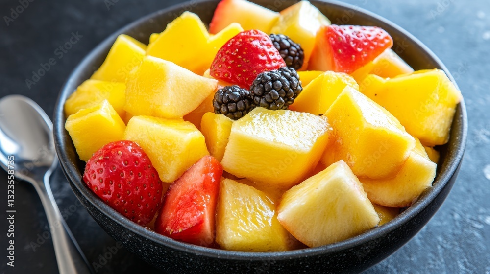 Bowl of Freshly Cut Summer Fruit Salad with Pineapple, Mango, and Berries on a Dark Background
