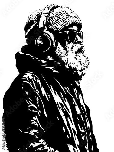 Bearded Man in Winter Attire with Headphones and Sunglasses Vector Art