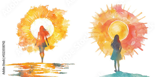 sun rising with silhouette of woman watercolor vector illustration