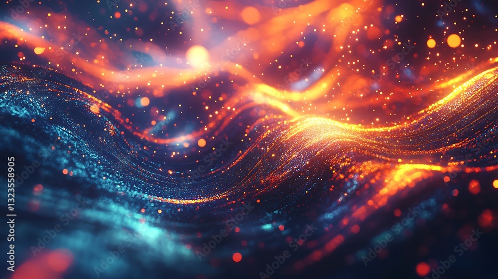 Obraz premium Abstract Cosmic Waves of Energy: Dynamic Orange and Blue Particles Creating Stunning Digital Art Background.