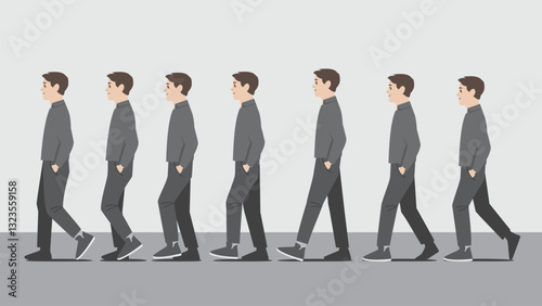Animation of a man in dark shirt with one hand in pocket walking in side view showing the step cycle sequence