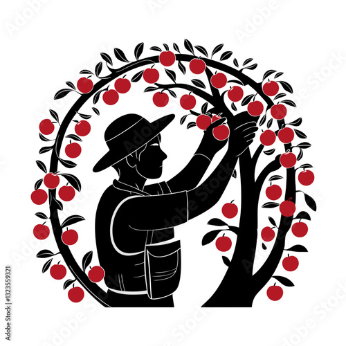 Farmer Harvesting Apples Tree Silhouette Vector Illustration