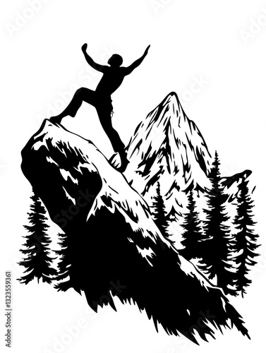 Mountain Climber Silhouette on Summit with Majestic Peaks and Pine Trees Vector