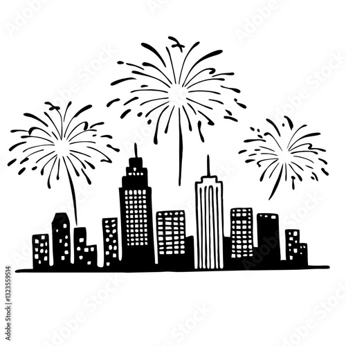 Fireworks Display Over City Skyline Vector Illustration for Celebrations and Events