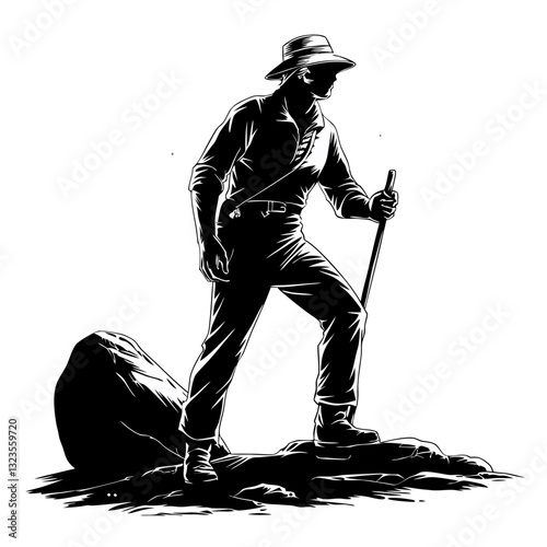 Adventurous Explorer Silhouette with Walking Stick on Rocky Terrain Vector Art