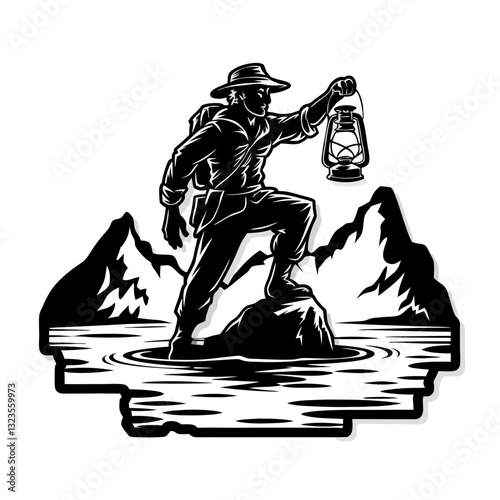 Adventurer with Lantern Mountain Lake Vector Illustration