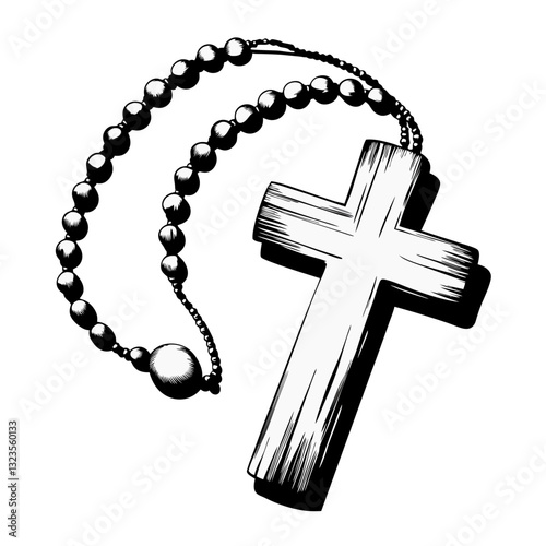 Black and White Rosary Beads with Wooden Cross Illustration for Religious Design