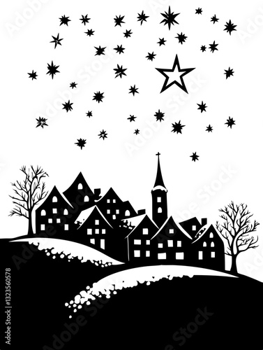 Magical Night Village Silhouette with Stars and Crescent Moon for Holiday Designs