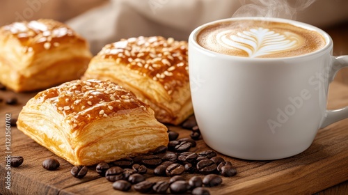 Coffee and Pastry Delight: A steaming mug of latte art coffee stands beside three golden pastries and scattered coffee beans, inviting and tempting the viewer to partake in a moment of relaxation.